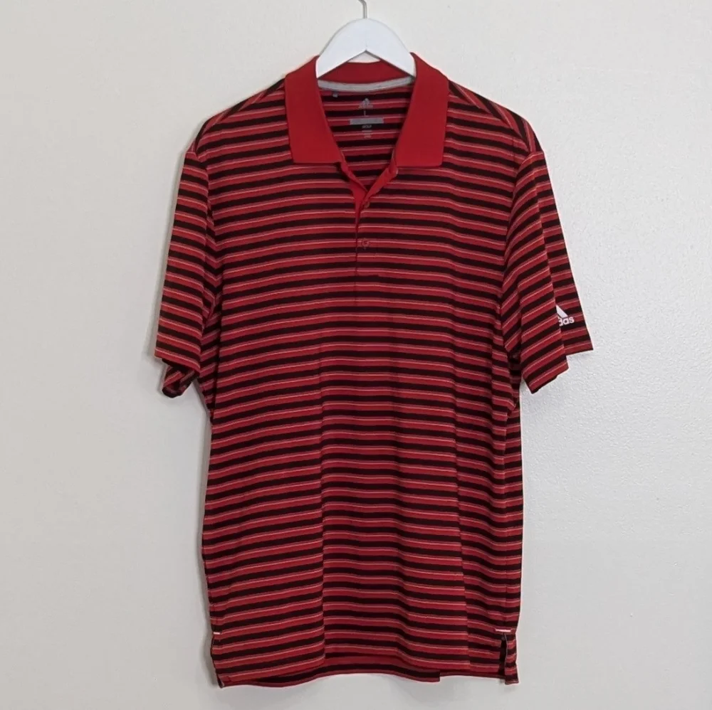 Adidas Golf Polo Men Large Red Black Striped Short Sleeve